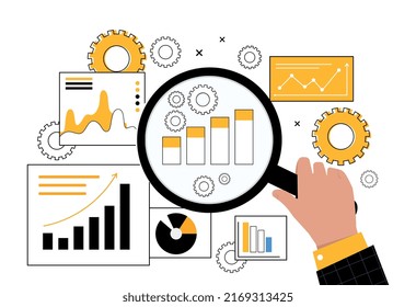 Analysis of graphs and charts. Character with magnifying glass collects information. Evaluation of companys performance, worker of analytical department at workplace. Cartoon flat vector illustration