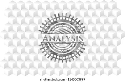 Analysis grey badge with geometric cube white background