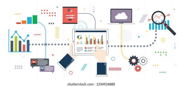 Analysis with growth report, security and cloud computing data. Calculations and graphs of gains on the stock market . Template in flat design for web banner or infographic in vector illustration.