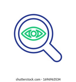 Analysis icon, Analytics financial forecast sign concept. Magnifier with eye icon. Find icon, investigate concept symbol. Eye with magnifying glass. Look, view, creative vision icon