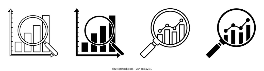 Colección de iconos de análisis en estilo de Vector sólido y relleno en blanco y negro.