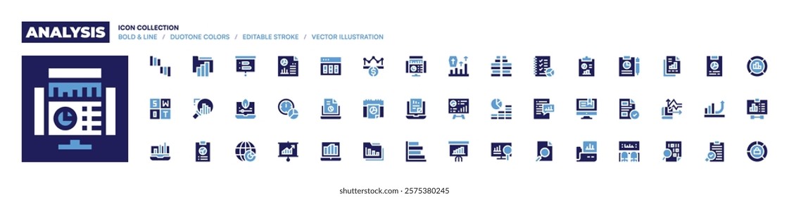 Analysis icon collection. Bold style. Duotone colors. dataanalysis, folder, swotanalysis, analysis, monitoring, presentation, statistics, report, growth, productivity, chart.