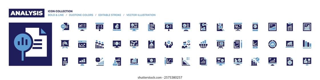 Analysis icon collection. Bold style. Duotone colors. report, analytics, analysis, presentation, result, barchart, dataanalytics, graphics, computer.