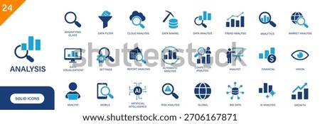 Analysis icon. Includes competitor analysis, data mining, data filter, analyst, big data. Solid vector icon set.