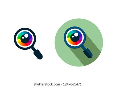 Analysis icon, magnifier search glass with eye flat vector