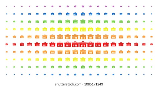 Analysis icon rainbow colored halftone pattern. Vector analysis objects are arranged into halftone grid with vertical spectrum gradient. Constructed for backgrounds, covers,