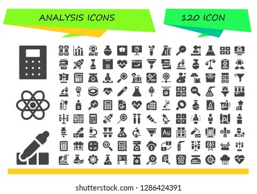  analysis icon set. 120 filled analysis icons. Simple modern icons about  - Calculator, Eyedropper, Chemistry, Kneepad, Analytics, Reporter, Flask, Scale, Test tube, Zoom out