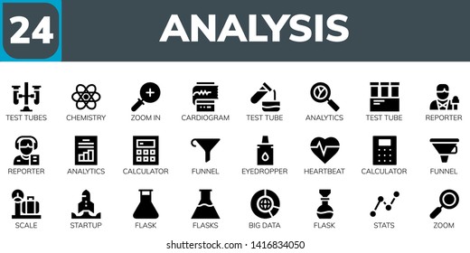 analysis icon set. 24 filled analysis icons.  Collection Of - Test tubes, Chemistry, Zoom in, Cardiogram, Test tube, Analytics, Reporter, Calculator, Funnel, Eyedropper, Heartbeat