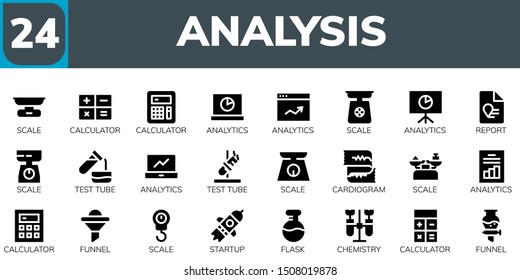 analysis icon set. 24 filled analysis icons.  Collection Of - Scale, Calculator, Analytics, Report, Test tube, Cardiogram, Funnel, Startup, Flask, Chemistry icons
