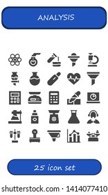 analysis icon set. 25 filled analysis icons.  Collection Of - Chemistry, Florence flask, Test tube, Funnel, Microscope, Flask, Pregnancy test, Cardiogram, Calculator, Scale, Pipette