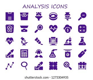  analysis icon set. 30 filled analysis icons. Simple modern icons about  - Scale, Funnel, Petri dish, Zoom out, Zoom, Cardiogram, Funds, Calculator, Microscope, Tube, Flask, Eyedropper