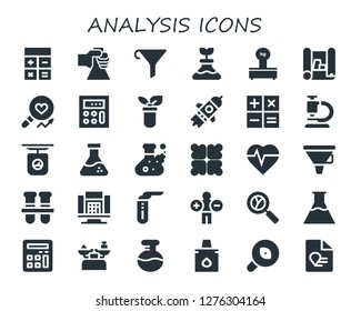  analysis icon set. 30 filled analysis icons. Simple modern icons about  - Calculator, Flask, Funnel, Scales, Scheme, Analysis, Test tube, Startup, Microscope, Scale, Reduce, Heartbeat