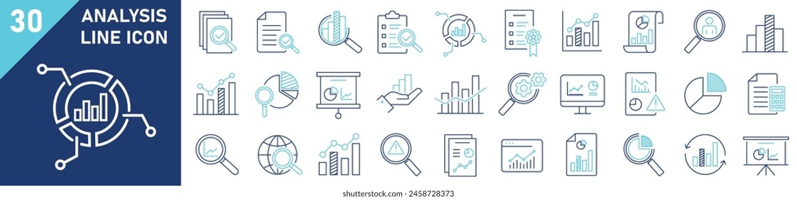 Analyse-Symbolsatz. Satz von 30 Gliederungssymbolen für die Analyse. Lineare Kollektion von Symbolen. Statistiken und Analysen skizzieren Icons Kollektion. Bearbeitbarer Strich. Vektorillustration.