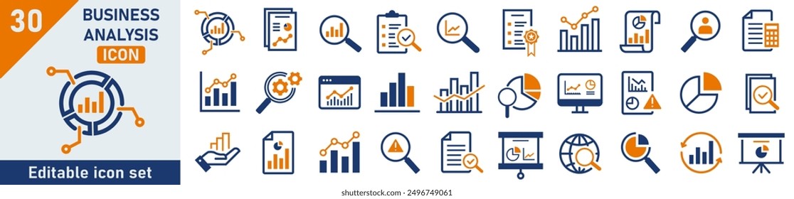 Analysesymbolsatz. Satz von 30 Gliederungssymbolen für die Datenanalyse. Lineare Symbolsammlung. Sammlung von Symbolen für Statistiken und Analysen. Bearbeitbarer Strich. Vektorgrafik.