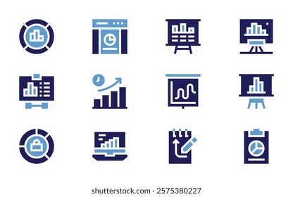 Analysis icon set. Bold style. Duotone colors. piechart, analysis, clipboard, results, presentation, strategy, statistics, web, increase, productivity.