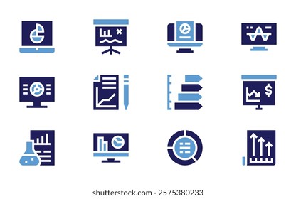Analysis icon set. Bold style. Duotone colors. analysis, piechart, analytics, presentation, computer, bottomup, infographic.