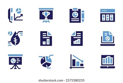 Analysis icon set. Bold style. Duotone colors. analysis, dataanalysis, analytics, report, trophy, decrease, computer, businessreport.
