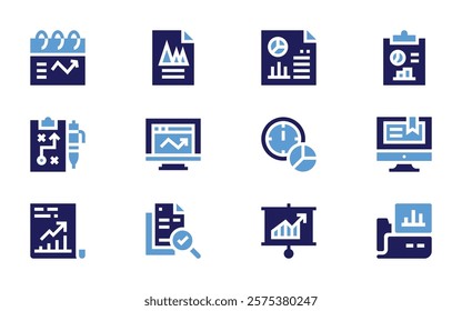 Analysis icon set. Bold style. Duotone colors. analysis, dataanalysis, marketanalysis, calendar, document, strategy, presentation, report, analytics.