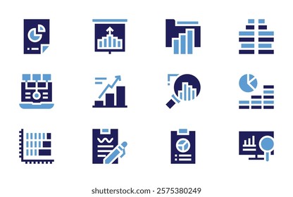 Analysis icon set. Bold style. Duotone colors. dataanalysis, barchart, folder, pyramid, analysis, report, growth, productivity, seo, projection, research.