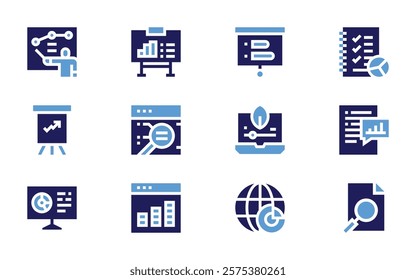 Analysis icon set. Bold style. Duotone colors. analysis, onlineanalysis, monitoring, training, growth, studies, statistics, research.