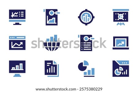 Analysis icon set. Bold style. Duotone colors. analysis, global, chart, bargraph, portfolio, dataanalytics, piechart, graphics, analytics.