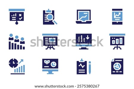 Analysis icon set. Bold style. Duotone colors. analysis, dataanalysis, presentation, result, barchart, bargraph, smartphone, report.