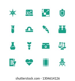 analysis icon set. Collection of 16 filled analysis icons included Flask, Margin, Heartbeat, Report, Scale, Weighing scale, Test tube, Blood sample, Dropper, Libra, Urinal, Analytics