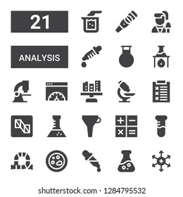 analysis icon set. Collection of 21 filled analysis icons included Positive ion, Flask, Dropper, Petri dish, Tube, Test tube, Calculation, Funnel, Preview, Report, Microscope