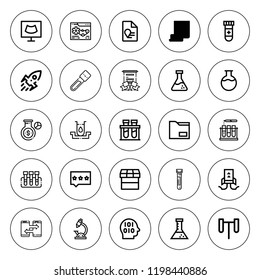 Analysis icon set. collection of 25 outline analysis icons with chemical, blood sample, blood test, binary, data, flask, market, laboratory, microscope icons. editable icons.