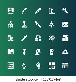 analysis icon set. Collection of 25 filled analysis icons included Analytics, Calculation, Technology, Microscope, Evaluation, Libra, Market, Test tube, Data, Physics, Flask, Eyedropper