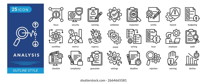 Conjunto de iconos de análisis colección en estilo de esquema Un paquete de iconos contiene enfoque, seguridad, advertencia, validación, inspección, certificación, peligro, presupuesto, flujo de trabajo, métricas