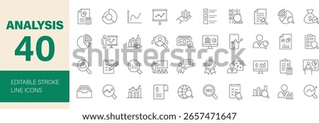 Analysis icon set. Containing analytics, data, big data, financial, SEO, research, examining, planning, balance, charts, report, graph and more. Editable line icons. Vector illustration.