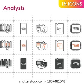 analysis icon set. included student-smartphone, chip, homework, book, enter icons on white background. linear, bicolor, filled styles.
