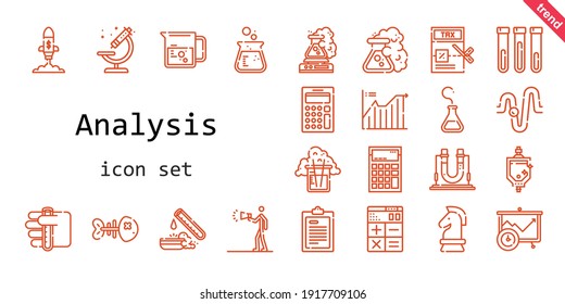conjunto de iconos de análisis. estilo de icono de línea. iconos relacionados con el análisis como calculadora, tubo de ensayo, prueba, impuestos, publicidad, vaso de precipitación, microscopio, análisis, gráfico de línea, orinal, inicio, física, hueso de pescado, matraz