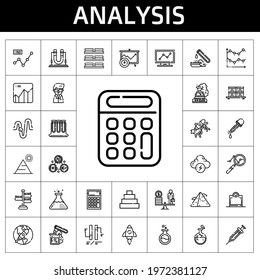 analysis icon set. line icon style. analysis related icons such as calculator, test tube, brainstorm, scientist, signpost, scale, dishes, eyedropper, graph, analytics, line chart