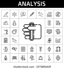 analysis icon set. line icon style. analysis related icons such as calculator, test tube, search engine, scale, advertising, analytics, line chart, clerk, syringe, urinal