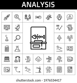 analysis icon set. line icon style. analysis related icons such as calculator, loupe, rising, brainstorm, funnel, signpost, scale, advertising, beaker, microscope, analytics