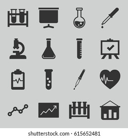 Analysis icons set. set of 16 analysis filled icons such as board, test tube, pipette, heartbeat clipboard, heartbeat, line graph, microscope