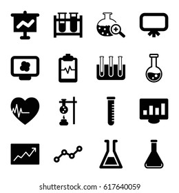 Analysis icons set. set of 16 analysis filled icons such as board, test tube, heartbeat clipboard, test tube search, heartbeat, line graph, atom on display, graph on board