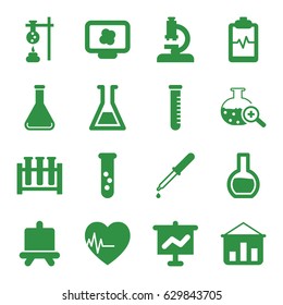 Analysis icons set. set of 16 analysis filled icons such as board, pipette, heartbeat clipboard, test tube search, heartbeat, test tube, microscope, atom on display