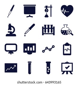 Analysis icons set. set of 16 analysis filled icons such as board, pipette, heartbeat clipboard, test tube search, heartbeat, test tube, line graph, microscope