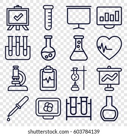 Analysis icons set. set of 16 analysis outline icons such as board, test tube, pipette, heartbeat clipboard, heartbeat, microscope, atom on display, graph on board