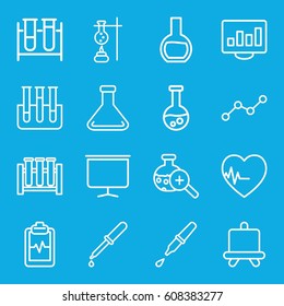 Analysis icons set. set of 16 analysis outline icons such as board, test tube, pipette, heartbeat clipboard, test tube search, heartbeat, line graph
