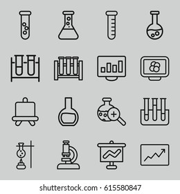 Analysis icons set. set of 16 analysis outline icons such as board, test tube, test tube search, line graph, microscope, atom on display, graph on board