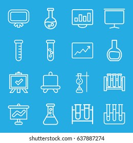Analysis icons set. set of 16 analysis outline icons such as board, test tube, line graph 