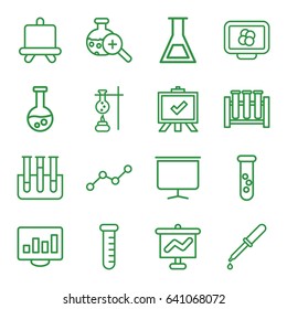 Analysis icons set. set of 16 analysis outline icons such as board, pipette, test tube, test tube search, line graph, atom on display, graph on board