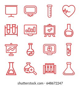 Analysis icons set. set of 16 analysis outline icons such as board, test tube, test tube search, heartbeat, atom on display, graph on board