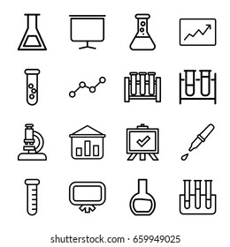 Analysis icons set. set of 16 analysis outline icons such as board, test tube, pipette, line graph, microscope