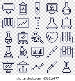 Analysis icons set. set of 25 analysis outline icons such as board, test tube, pipette, heartbeat clipboard, test tube search, heartbeat, line graph, microscope