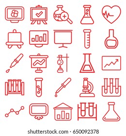 Analysis icons set. set of 25 analysis outline icons such as board, test tube, pipette, test tube search, heartbeat, line graph, microscope, atom on display, graph on board